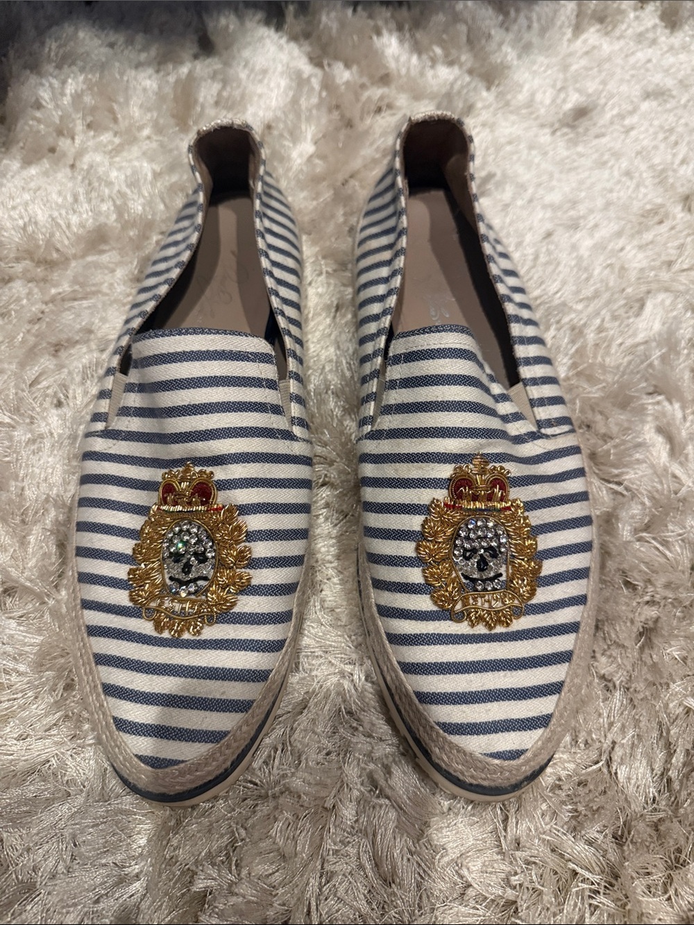 Donald J. Pliner Navy and White Striped Embellished Slip-On Loafers